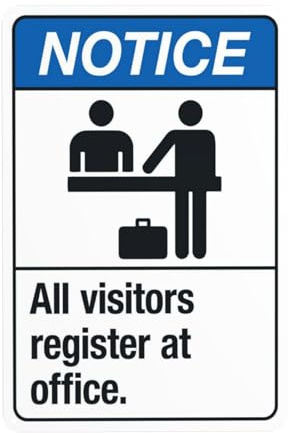 Cartello di avvertimento in metallo con scritta All Visitors Register At Office Security, per ufficio, strada, casa, strada, parete, decorazione di sicurezza, personalizzato, facile da montare, 20 x
