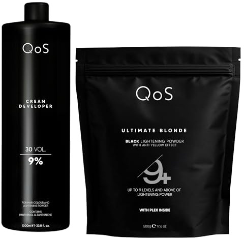 QOS Blondierset Black 9% (30 Vol), Blondierpulver 500g + Creme Entwickler 1000ml, Anti-Gelbstich, Plex/Bond-Support, Profi Haaraufhellung
