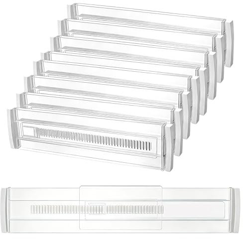 BUCOMTU 8 Pezzi Divisori per Cassetti Regolabili, Organizer Cassetti, Cassetti in Trasparente Separatori, Divisori per Cassetti in Plastica per Comò, Armadio, Bagno, Cucina, Ufficio
