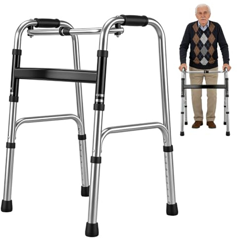 Andador ligero, con bisagras, plegable sin ruedas, altura ajustable, para personas mayores, de aluminio, antideslizante, asas ergonómicas (plata, 4 pies de goma)