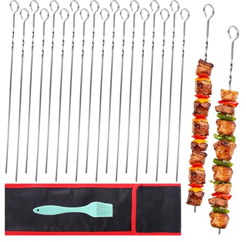 20 Pack 40cm Metal BBQ Skewers, Stainless Steel Kebab Skewers for Grilling with Portable Storage Bag