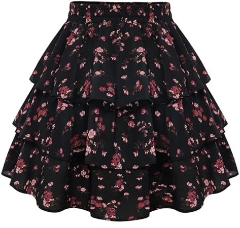 SCARLET DARKNESS Minifalda de gasa floral para mujer, cintura elástica, falda de verano con pantalones cortos para playa, club, fiesta, Negro y rojo floral, XXL