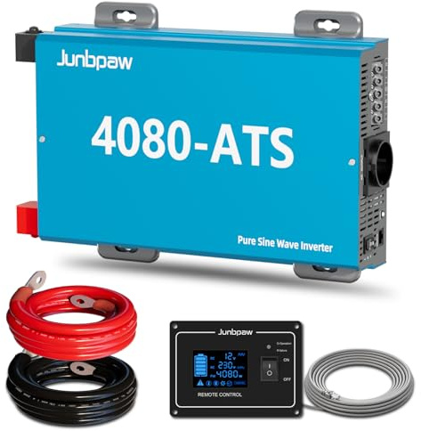 Junbpaw 4080VA / 7000W Spitzenleistung Reiner-Sinus-Wechselrichter 12V auf 230V AC | Integrierter ATS & Vorladung | Geringe Eigenaufnahme 10W | für Heimnetzersatz, Wohnmobil, netzunabhängige Systeme
