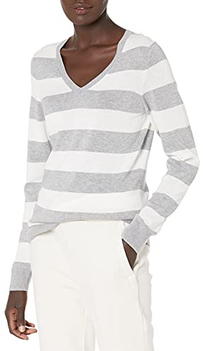 Amazon Essentials dam klassisk passform lätt långärmad v-ringad tröja (finns i plusstorlek), ljusgrå ljung vit rugbyremsa, liten