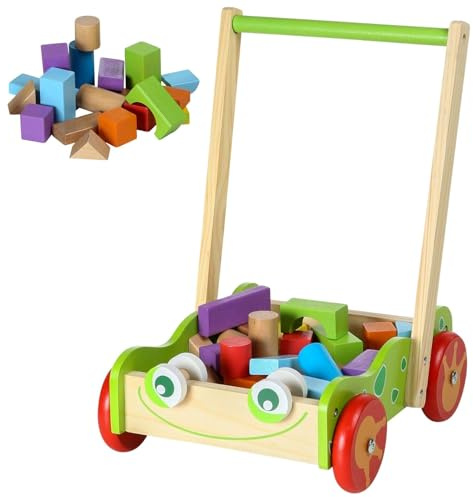 The Magic Toy Shop Wooden Baby Walker with 20 Colourful Blocks - Traditional Push Along Early Development & Activity Toy - Push Cart for Toddlers, Boys & Girls Ages 12 Months+