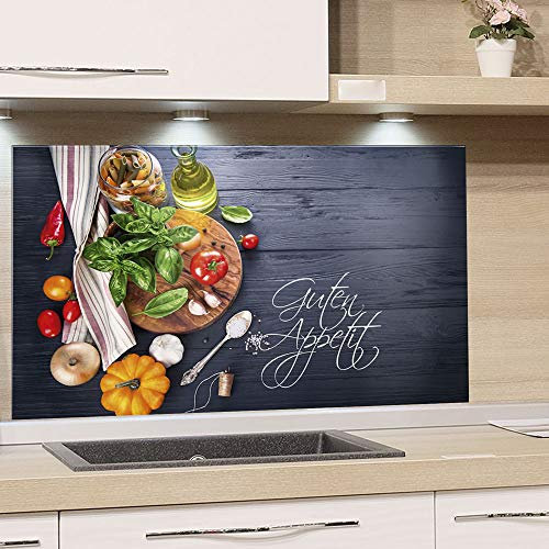GRAZDesign Spritzschutz Küche Herd, Gemüse auf Holz, dunkelgrau mit Guten Appetit, Küchenrückwand aus Echtglas, Wandschutz Glasbild 4mm ESG Glas / 80x60cm
