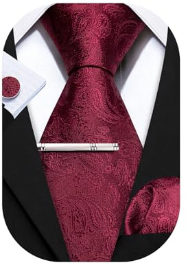 Barry.Wang Ensemble de cravate en soie tissée pour homme - Broche en forme de fleur de mariage, Fleur rouge vin., taille unique