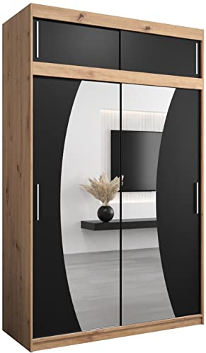 MEBLE KRYSPOL Wave 150 Schlafzimmerschrank mit Zwei Schiebetüren, Spiegel, Kleiderstange und Regalen – 150x240x62cm - Artisan + Mattschwarz mit Verlängerung