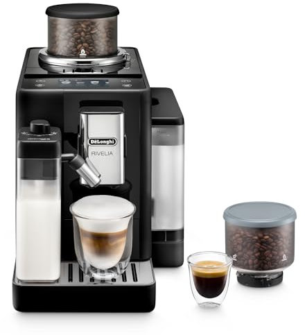 De'Longhi Rivelia EXAM440.55.B, Fully Automatic Coffee Machine with LatteCrema Hot, Automatic Milk Frother, Compact Size Bean to Cup Coffee Machine, 16 Recipes, Full Touch Colored Display, Black