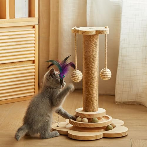 Treesunshine Katzenspielzeug Holz, Holzkugel Katzenkarussell, Drehteller interaktives katzenspielzeug mit hängenden Bällen, Hölzerner Katzenkratzbaum, Turntable +Lustiger Katzenstock
