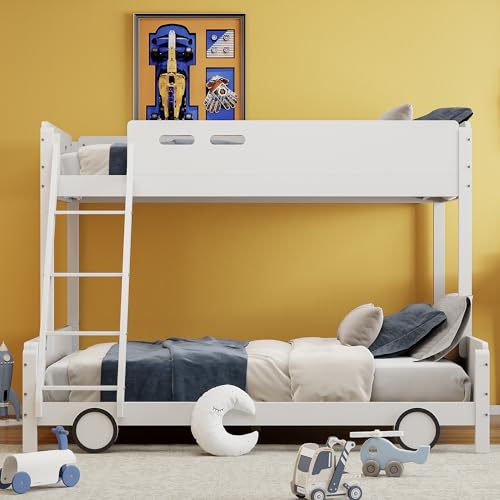 Moimhear Lettino a castello in legno, letto superiore 90 x 200 cm, letto inferiore 140 x 200 cm, letto familiare per bambini, letto a castello, telaio in legno massello, forma auto, colore bianco.