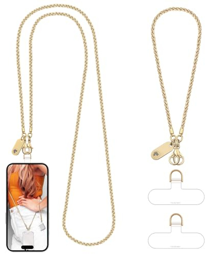 UKON Mobile Phone Lanyard Crossbody and Wrist Strap Set, Metal Phone Chain Neck Strap for Women Anti Theft iPhone Lanyard Strap with Tether Tabs, Detachable iPhone Chain for Women Girls (Pale Gold)