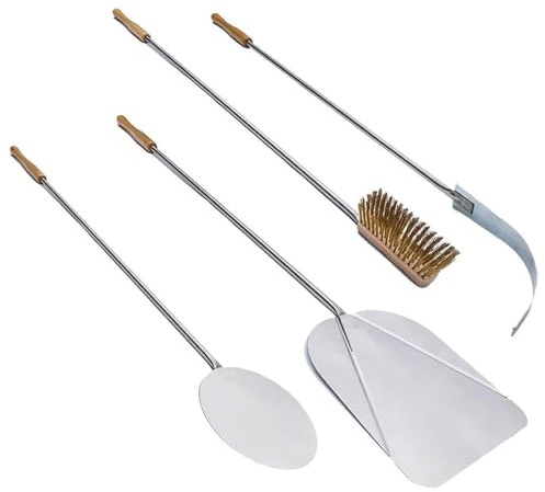 Paluplus Set 4 Pale Pizza in Alluminio Con Manici in Legno di Faggio, Lunghezza 120 cm - Kit Con Pala Rettangolare, Rotonda, Spazzola per Forno e Spargi Brace - Made in Italy