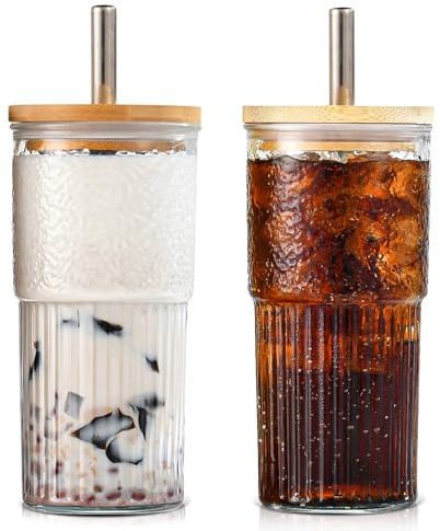 sweet grain Glass Cups with Lids and Straws, 20 oz 600 ml Iced Coffee Cup 2 Pack, Mason Jar Drinking Glasses for Iced Coffee, Boba Cup,Juice, Soda, Drinks