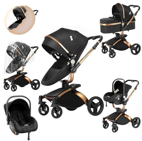 Sianldcone PU-Leder Kinderwagen 3 in 1, 360° Drehbarem Sitz Kinderwagen Set, Zwei-Wege-Schiebefunktion Reisesysteme, Offene Sicht Kombikinderwagen 3 in 1 Komplettset (906 Black)