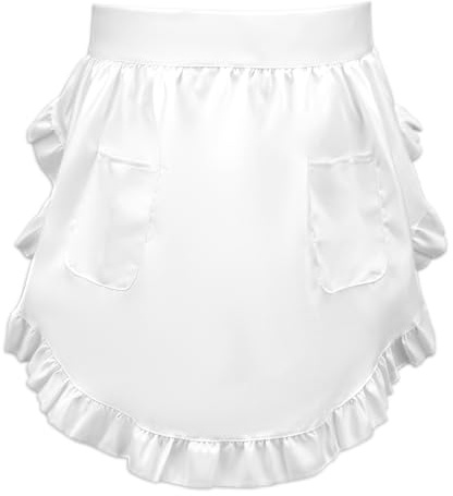 Ptwola Tablier de cuisine blanc pour femme avec poches réglables - Tablier court vintage à volants pour fille - Restaurant - Serveuse - Bistrot - Café, blanc
