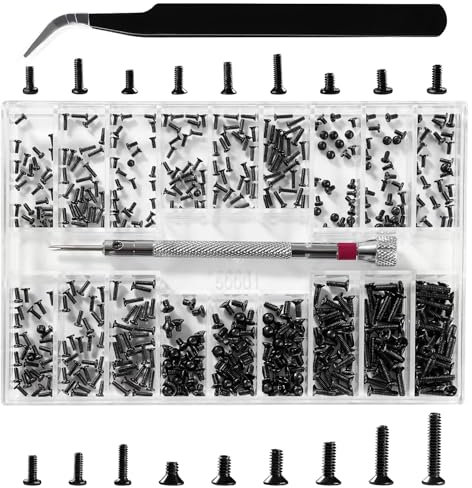 Lyeteung 500 PCS 18 Sizes M1.2/M1.4/M2 Tiny Micro Repair Screw Kit, Electronic Repair Micro Screws, Tiny Micro Screws Set, with Screwdriver and Tweezers, for Spectacles, Laptop, Watches, Black