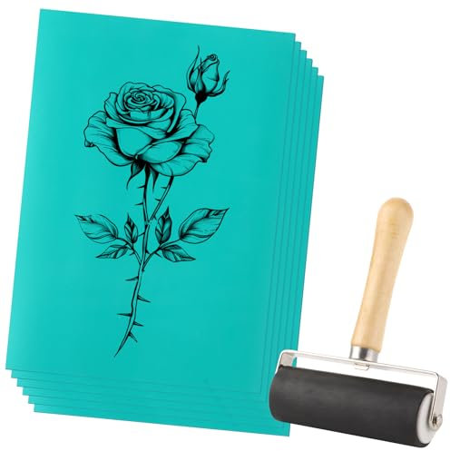 LDHHYH 6 Stück Weichgummi Linoldruck Platte, A4 Grün Linolschnitt Platten, Mit Holzgriffrolle Weichgummi Linolplatte, 21x30CM Linolschnitt Set, Linoleum für Stempel, Bastel und Druckprojekte