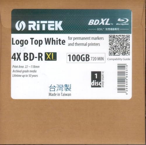 Ritek BD-R XL BDXL BDXL - Medios de archivado (100 GB, triple capa, 4X, logotipo Top White, para impresora térmica o Edding, 1 unidad)