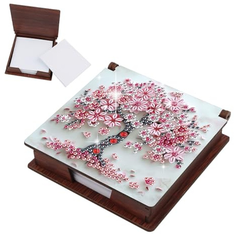 DCIDBEI Pittura a Diamante Porta memo Quadrato11x11cm con Blocco Note 160 Fogli Diamond Painting Scatola Quadrata per Appunti per Cartelle Albero di Ciliegio in Fiore Scatola per Promemoria
