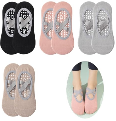 Enreluya Calcetines De Yoga (4 Pares), Tallas 35-38 Calcetines Pilates Mujer Antideslizantes, Fitness Antideslizantes, Para Pilates, Danza, Fitness, Negro + Rosa + Gris + Café