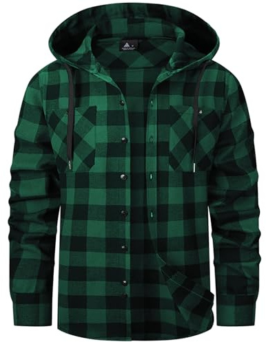 ZITY Men's Lumberjack Shirts Long Sleeve Checked Flannel Tops Casual Plaid Shirts Hoodie Button Down Lumberjack Shirt with Pocket M-3XL Green