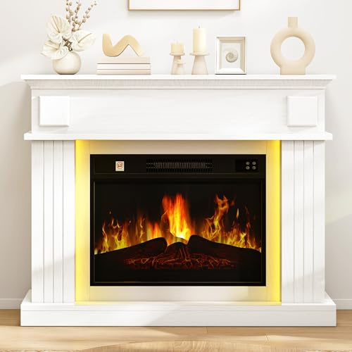 TAUS Fireplace with 39 Surround, White Electric Fireplace Free Standing with Realistic Flame Effect Fireplaces Heater, with Timer and 7 Color LED Light Strip and Remote Control