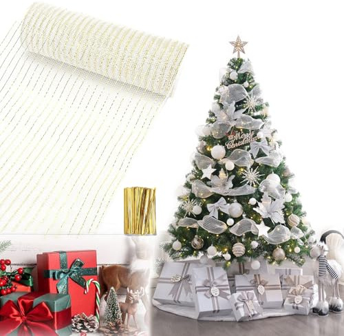 Brillante Espumillón, 26CmX 9.14M Espumillón y Guirnalda de Oropel de Navidad, Oropel de Navidad Decoración, Árbol Decoraciones De Fiestas Navideña (Blanco Dorado)