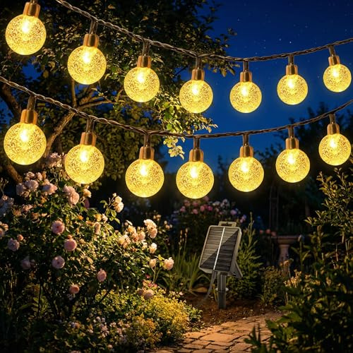BG9D Guirnalda solar exterior, 8m 40 LED bolas de cristal, 8 modos, función memoria, impermeable IP65, para jardín, terraza, balcón, bodas, árboles, blanco cálido