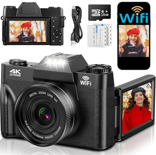 4K Digital Camera with WIFI, 75MP UHD Compact Cameras, 3 Inch 180° Flip Screen 16X Digital Zoom Autofocus Rechargeable Vlogging Camera with 16GB Card & 2 1500mAh Batteries for Beginners Teenagers