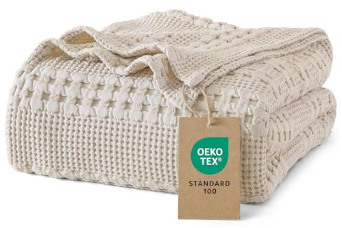PHF 100% Cotton Waffle Weave Blanket Queen Size for Bed, Soft Lightweight & Breathable for Spring and Summer, All-Season Comfort, Luxury Aesthetic Blanket for Home Decor, 90x90, Light Taupe/Oatmeal