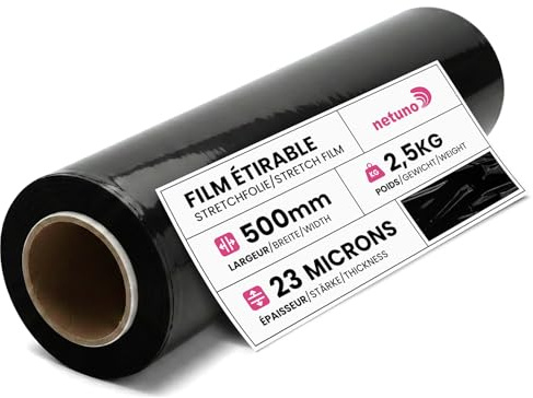 Netuno 1 x svart stretchfolie 23 my 500 mm 2,5 kg folie polyeten folie gjutfilm svart plastfolie inpackningsfolie flyttfolie förpackningsfolie handfolie
