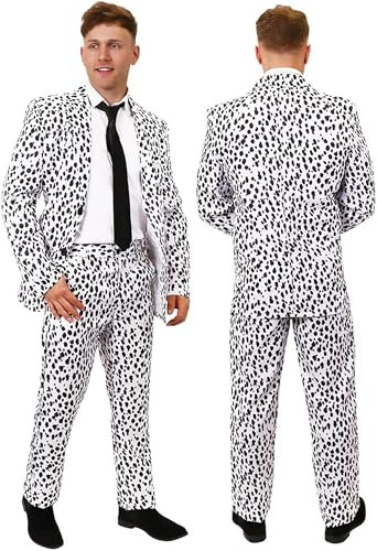 Dalmatisk kostym för vuxna med matchande jacka och byxor + svart slips, perfekt för halloween, tv, film för lärare, skola, böcker, världsbokvecka/dag, Svart, XL