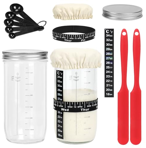 2 Pack Sourdough Starter Kit, 730ml Sourdough Starter Jars for Bread Baking, Includes Fermentation Jars with Lid, Scraper, Cloth Cover, Thermometer Band, Feeding Mark Band - Ideal for Baking Gifts