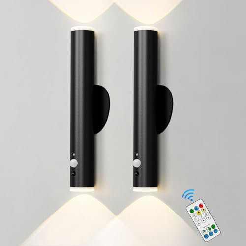HARPER LIVING Wall Lights Set of 2 Battery Operated, LED Rechargeable Wall Lamp with Motion Sensor and Remote, Dimmable and Color Changing Wall Sconces for Living Room Bedroom Hallway, Balck