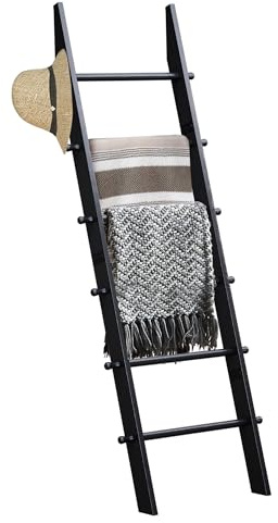 TEAKMAMA 6-Tier Blanket Ladder with Hanging Knobs, 5.5 Ft Wall Leaning Blanket Ladders for Living Room Bedroom,Rustic Decorative Storage for Quilts,Throws,Easy to Assemble,Black