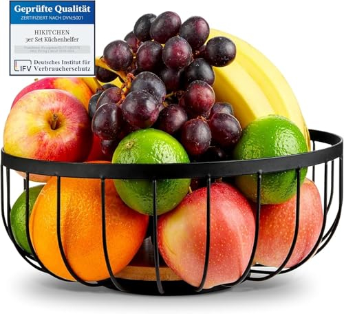 HIKITCHEN® Obstkorb - Fruchtkorb - Metall- und Bambusschale - Obstschale für Küche und Haushalt - Obsthalter (Schwarz)