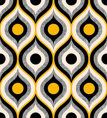 SOEWIOU Vintage Oval and Circular Geometric Peel and Stick Wallpaper,44.5×300cm Yellow, Black and Grey Fabric Textured Removable Self Adhesive Wallpaper for Living Room Bedroom