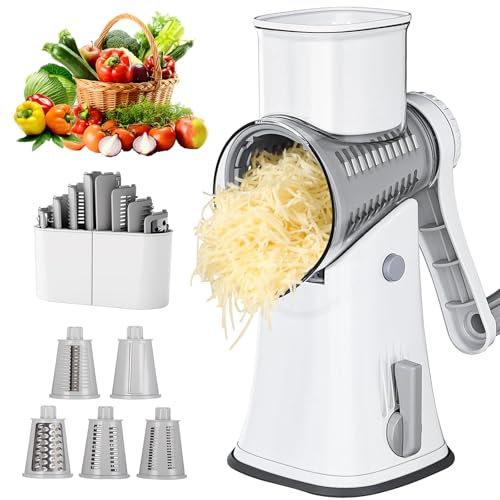 APSARAS USA Cheese Grater Hand Crank, Rotary Cheese Grater, 5 in 1 Rotary Grater, Cheese Shredder Replaceable Stainless Blades with Strong Suction Base, Easy to Clean Kitchen Gadgets with Storage Box