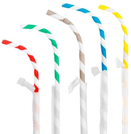 Monouso | 250 Pajitas Flexibles de Papel a Rayas Enfundadas, Colores Variados, 23cm, Ø6mm, Desechable, Ideal para granizados, Smoothies, Cañitas de Cartón, Pajitas de Colores.