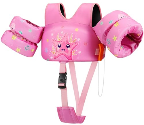 HeySplash Chaleco de Natación para Niños, Traje de Baño Flotante con Correa Ajustable para Pequeños de 6-15kg Aprender a Nadar, Flotador de Brazo de Piscina con Silbato, Estrella de Mar Rosa