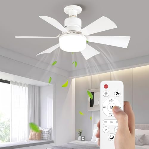 HFAN Small Ceiling Fans with Lights, E27 30W 16.5inch Ceiling Fan with Light RC Timing, 3 Speeds 3 Colors (3000-6500K) LED Ceiling Light, Modern Fan Lamp for Small Space Bedroom Living Room