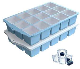 Ice Cube Trays for Freezer, 2 Pack Easy Release Slicone Ice Cube Tray with Lid, BPA Free Stackable Flexible Ice Molds 15 Square Reusable Ice Cubes for Whiskey, Baby Food, Iced Coffee (Blue)