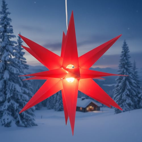 GURU SHOP 3D Außenstern Kaspar, Weihnachtsstern, Faltstern mit 18 Spitzen Incl. 7 m Kabel & LED Leuchtmittel - Ø 55 cm Trafo rot Offen