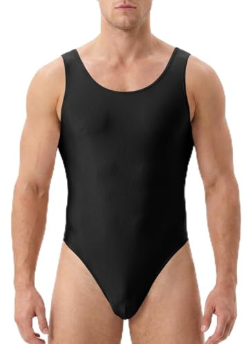 HIVTE Men's Shiny Leotard Bodysuit Sleeveless U Neck for Yoga Gym Swim Workout Performance (Black)