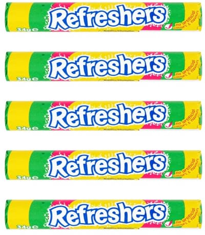 Refreshers Fruity Flavour Fizzy Sweets - 5 x 34g Candy Rolls Multipack - Traditional Retro Sherbet Treats for Pocket Snacks & Party Bags