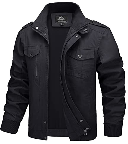 MAGCOMSEN Blouson Militaire Cargo pour Hommes Léger Coupe-vent en Coton avec Col Rabattu Zippe et Multipoches Black 2XL