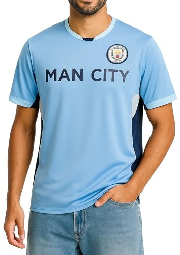 Icon Sports Herr UEFA Champions League fotbollströja, kortärmad, Man City Wordmark auf der Vorderseite, M