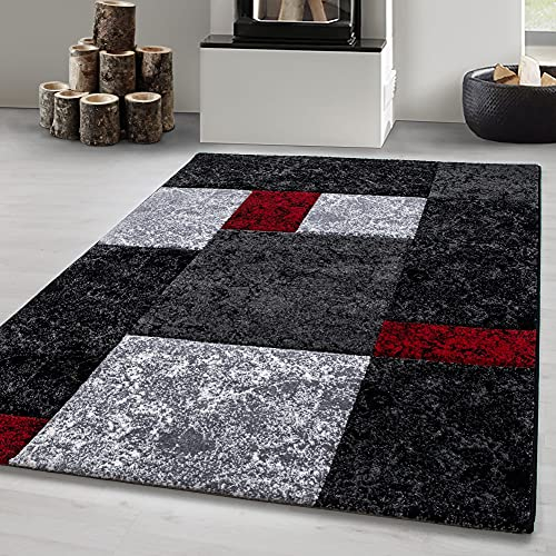 Carpetsale24 Teppich 160x230 cm – Kurzflor Konturenschnitt in Schwarz Grau Rot – Kariertes Design, Waschbar, Pflegeleicht, Extra Weich – Für Wohnzimmer, Esszimmer, Schlafzimmer