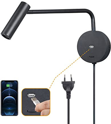 JOYINLED LED Leselampe Wandleuchte,Wandleselampe mit 2.1A USB Ladeanschlus 3W 3000K Warmweiß Bettlampe Wandmontage für Bett Buch Schlafzimmer (Black)